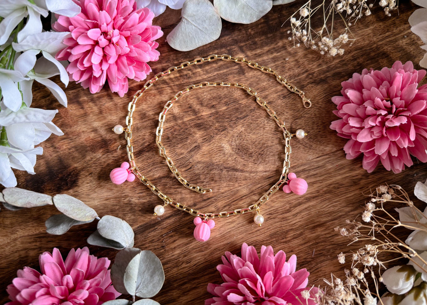 Pink Pumpkin Mouse Charm Necklace