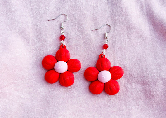 Red Puffy Daisy Earrings