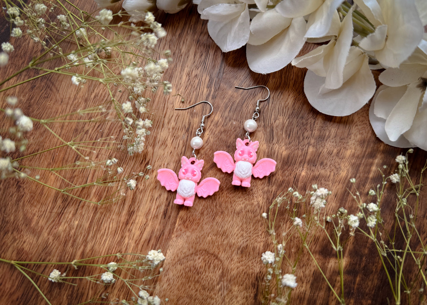 Pink Fluffy Bat Earrings