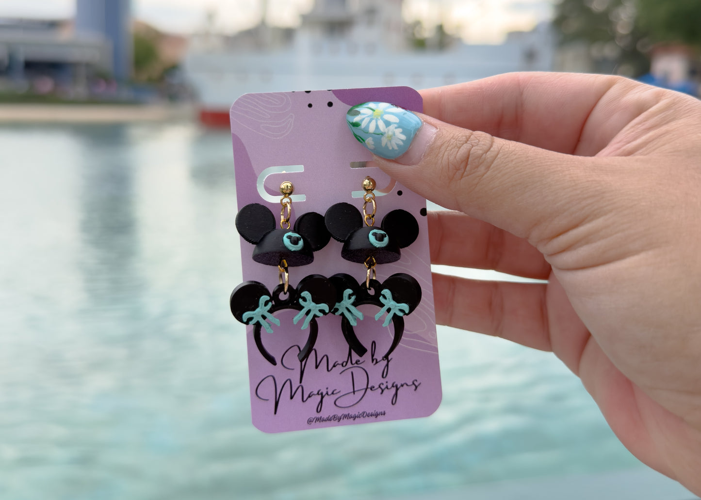 Teal Bow Mouse Dangle Earrings